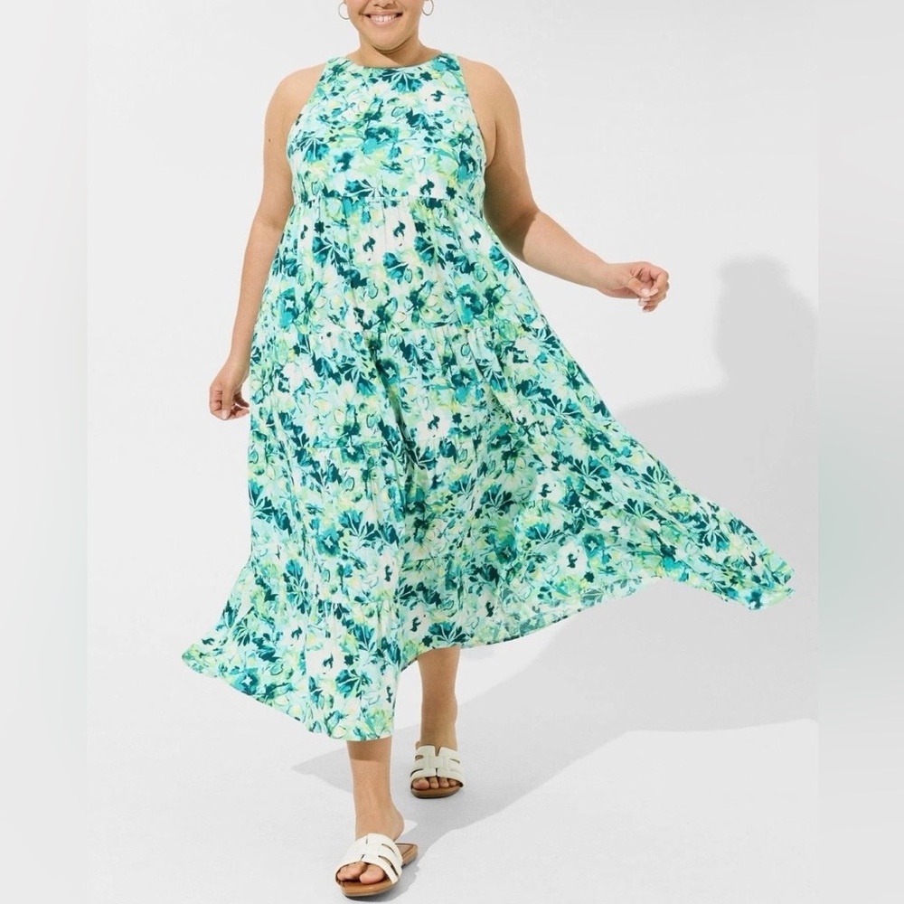 Torrid Maxi Gauze Halter Tiered Dress Watercolor Floral Dress